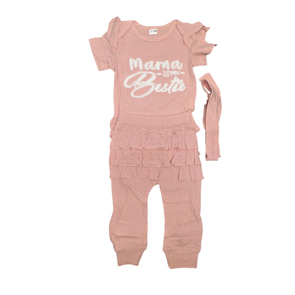 Mama Is My Bestie Ribbed 3 Piece Set Pink Ruffle Pants Headband 3-6M